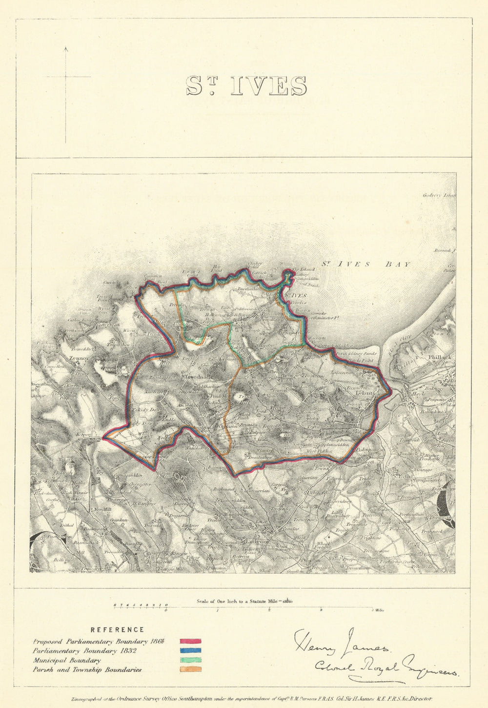 St Ives, Cornwall. JAMES. Parliamentary Boundary Commission 1868 old map