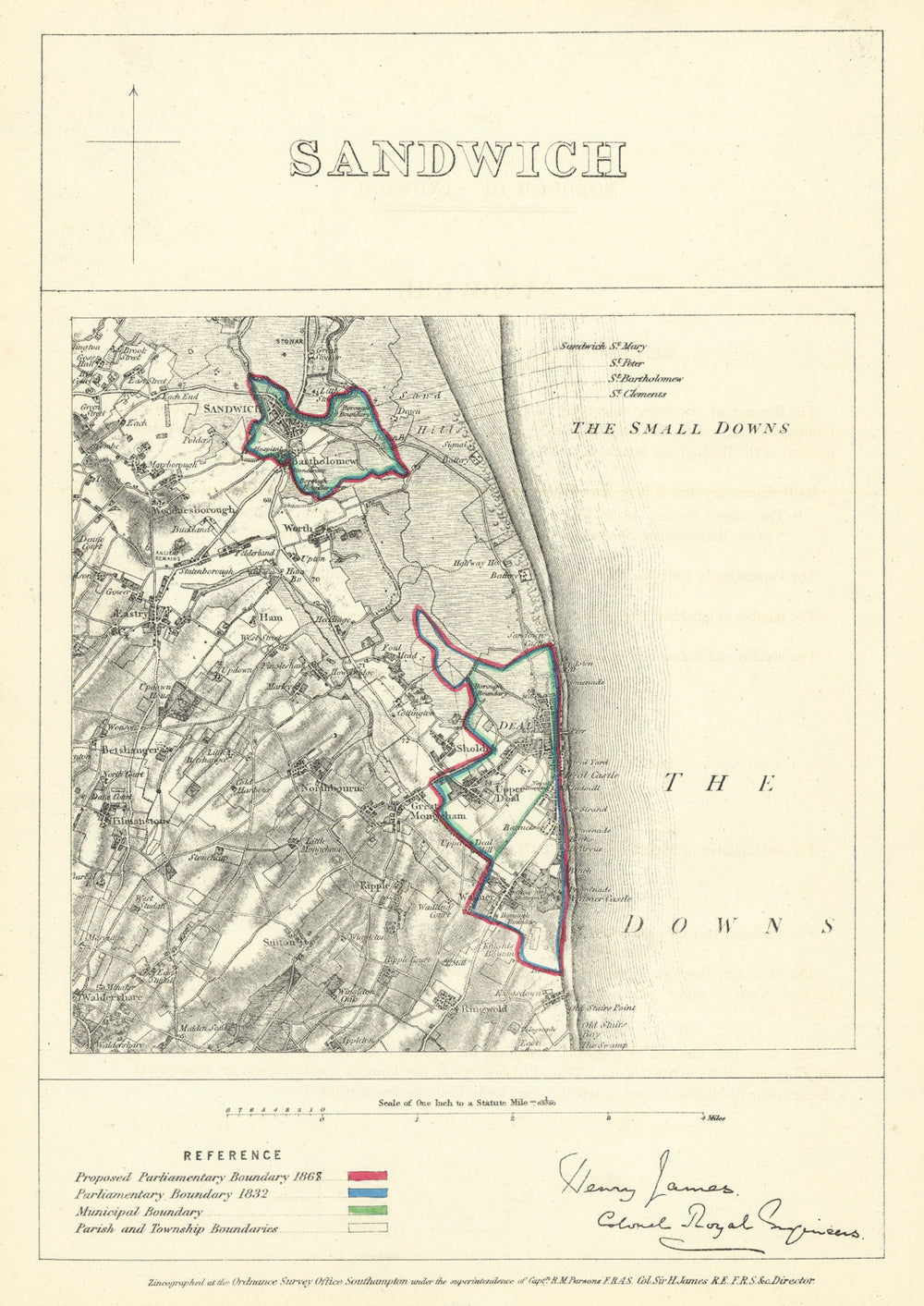 Sandwich, Kent. JAMES. Parliamentary Boundary Commission 1868 old antique map