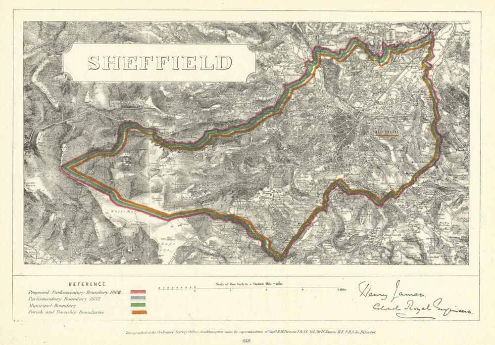 Sheffield, Yorkshire. JAMES. Parliamentary Boundary Commission 1868 old map