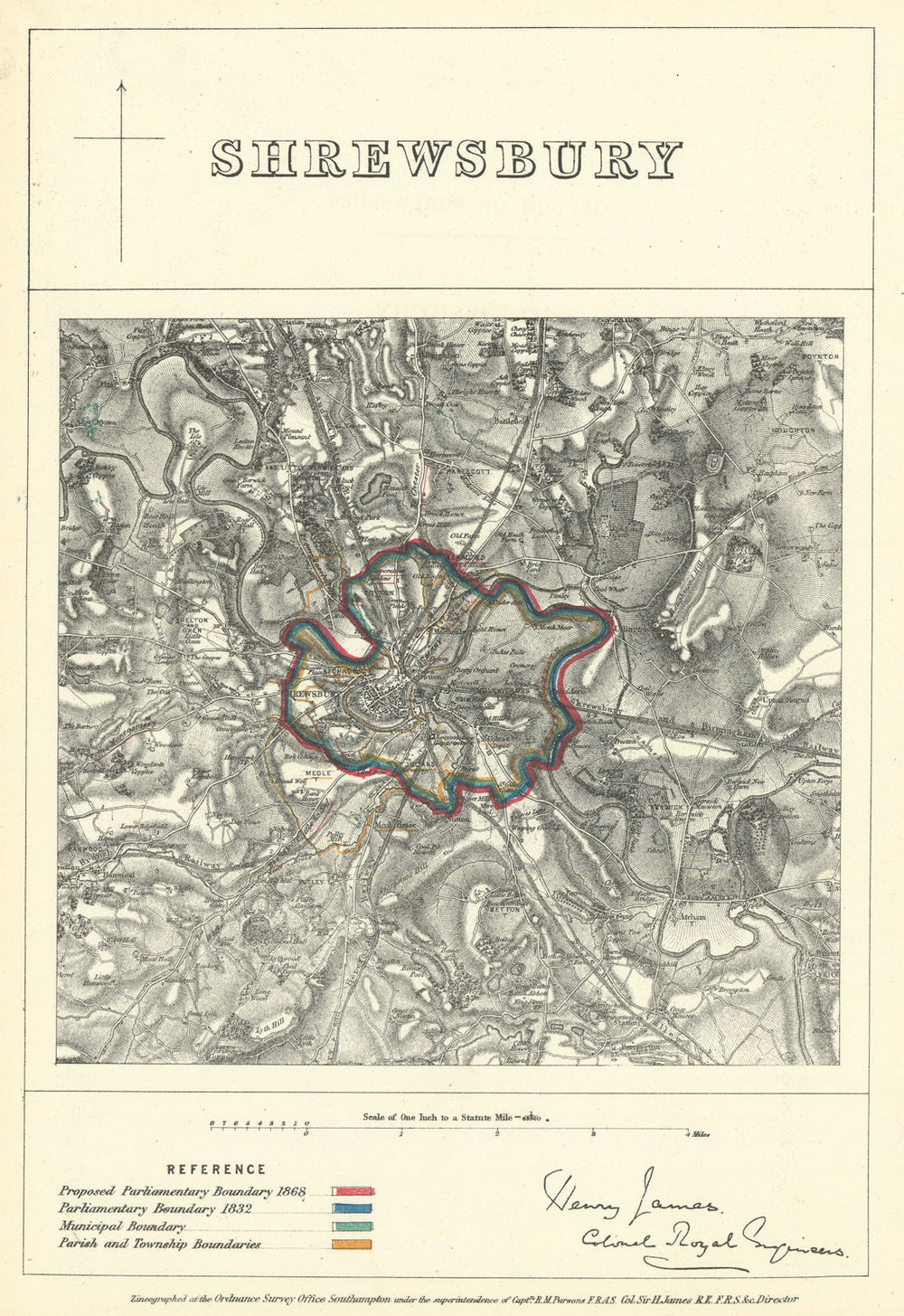 Shrewsbury, Shropshire. JAMES. Parliamentary Boundary Commission 1868 old map