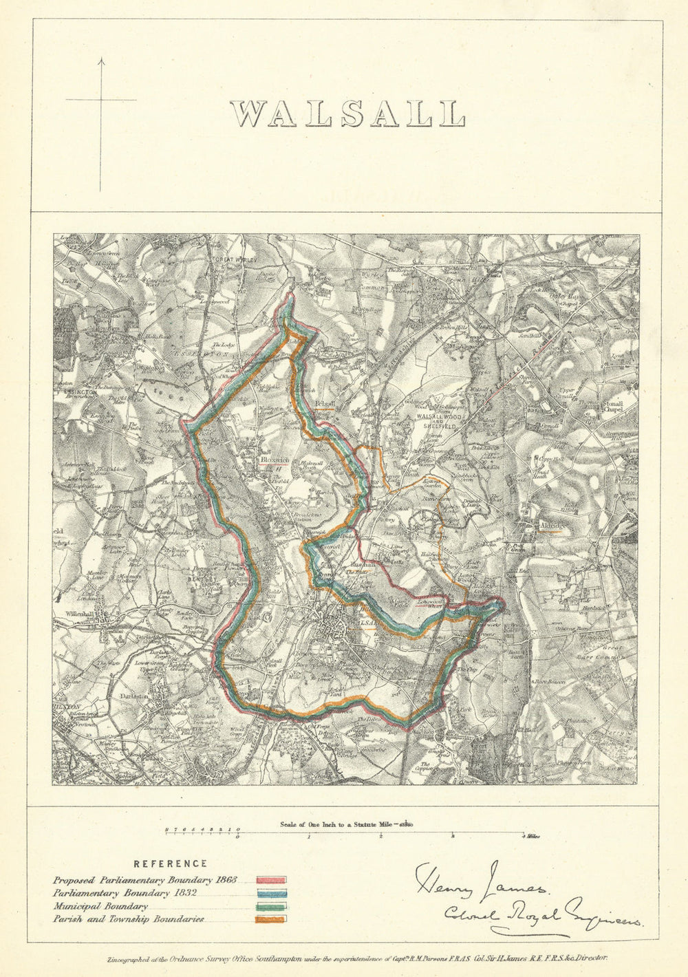 Walsall, Staffordshire. JAMES. Parliamentary Boundary Commission 1868 old map