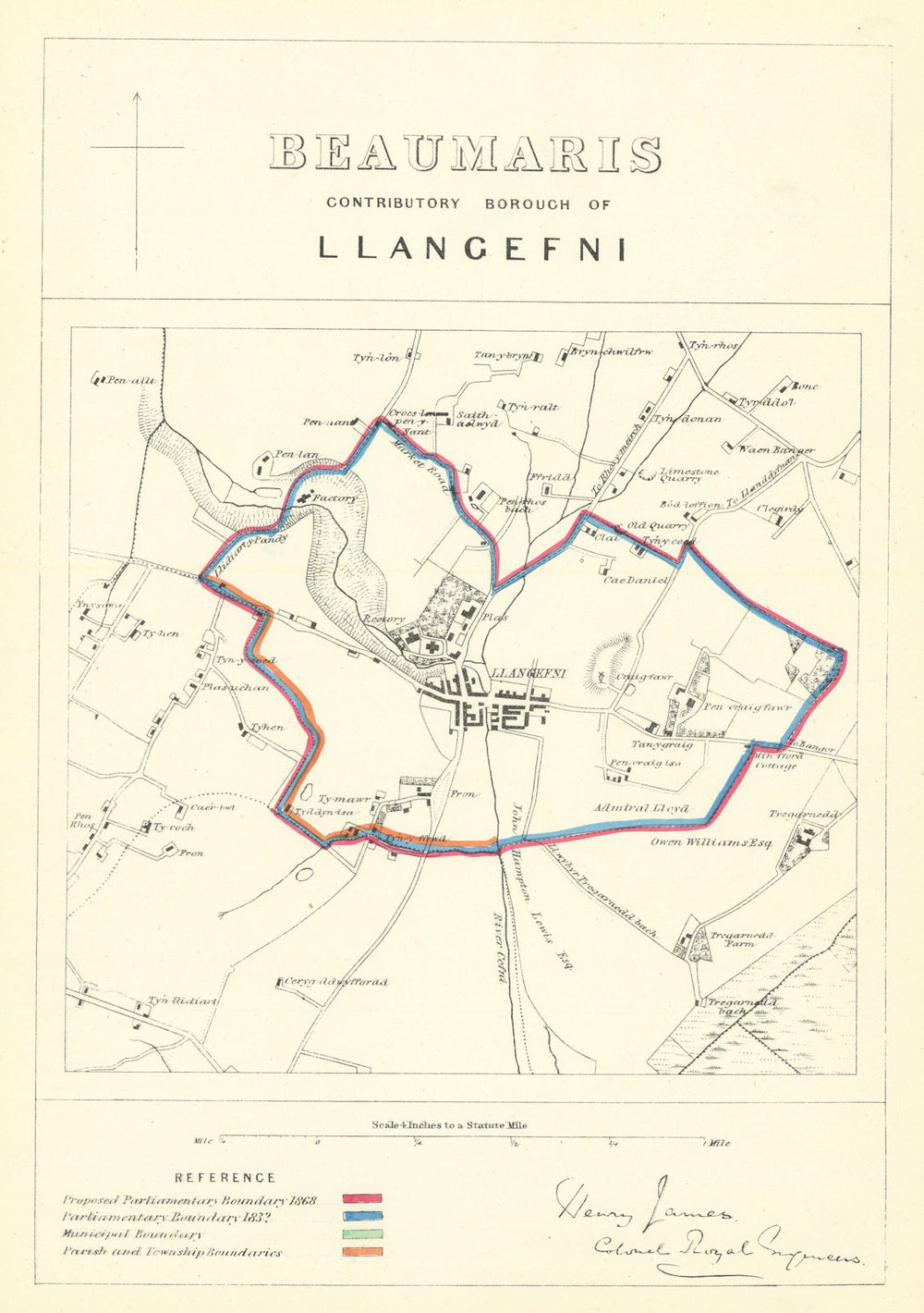 Beaumaris Contributory Borough of Llangefni. JAMES. Boundary Commission 1868 map