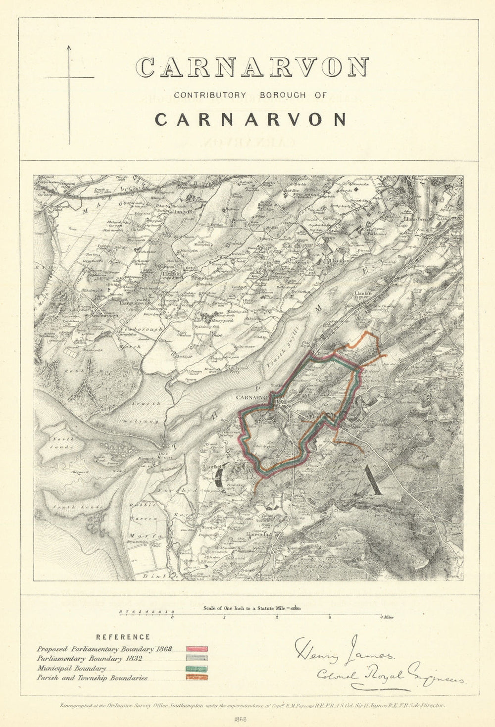 Carnarvon Contributory Borough of Caernarfon. JAMES Boundary Commission 1868 map