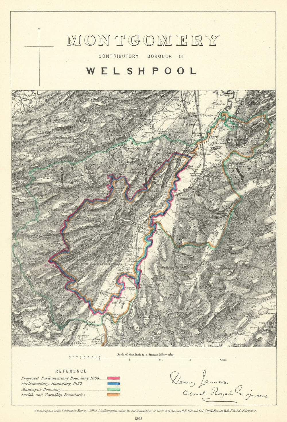 Montgomery Contrib'y Borough of Welshpool. JAMES. Boundary Commission 1868 map