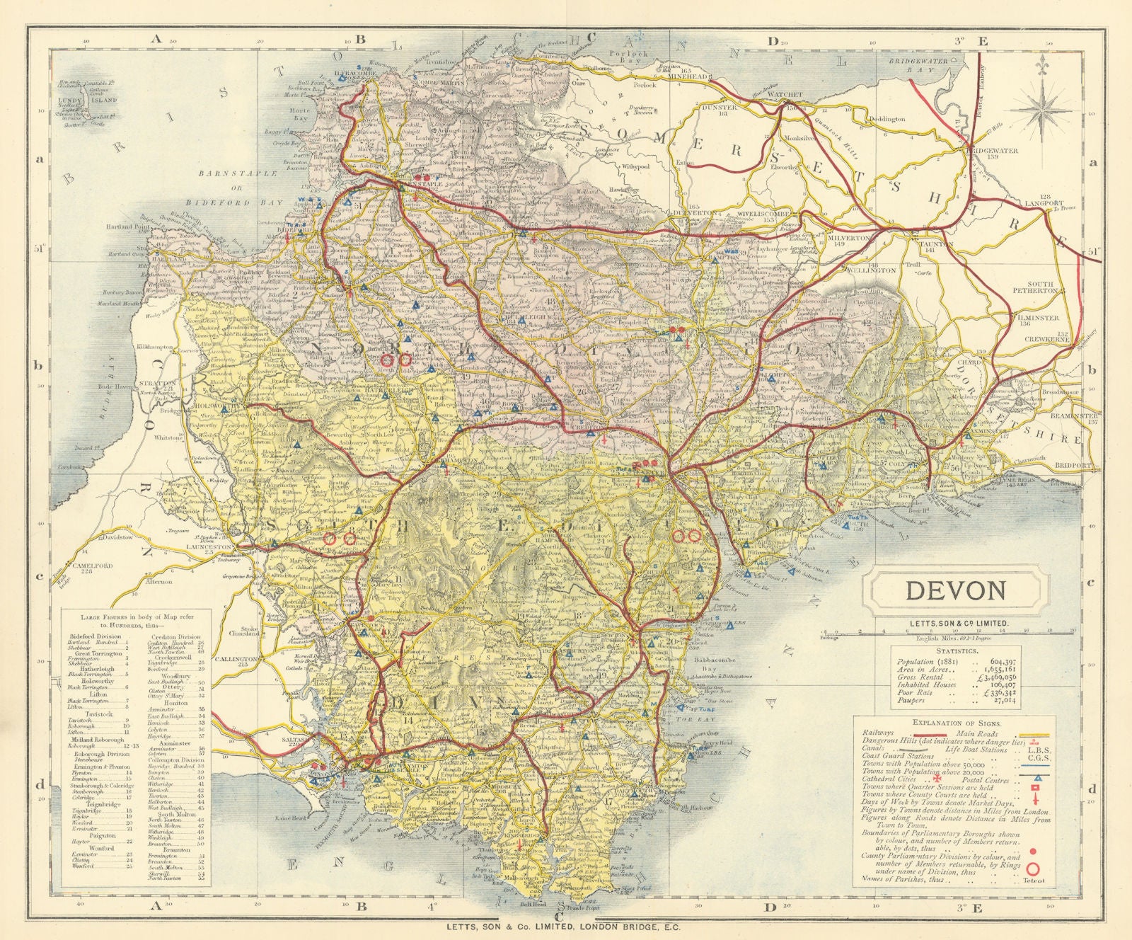Devon county map showing Post Towns & Market Days. LETTS 1884 old ...