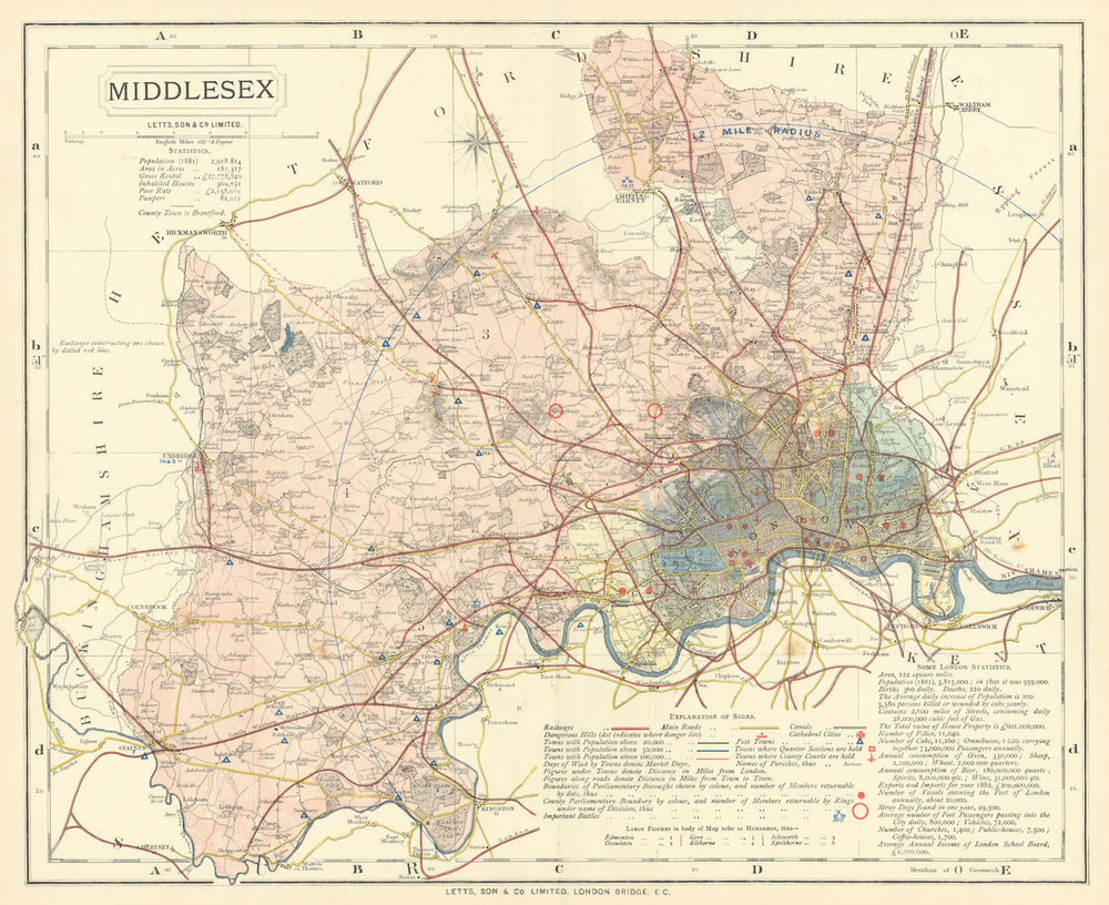 Middlesex county map showing Post Towns & Market Days. LETTS 1884 old