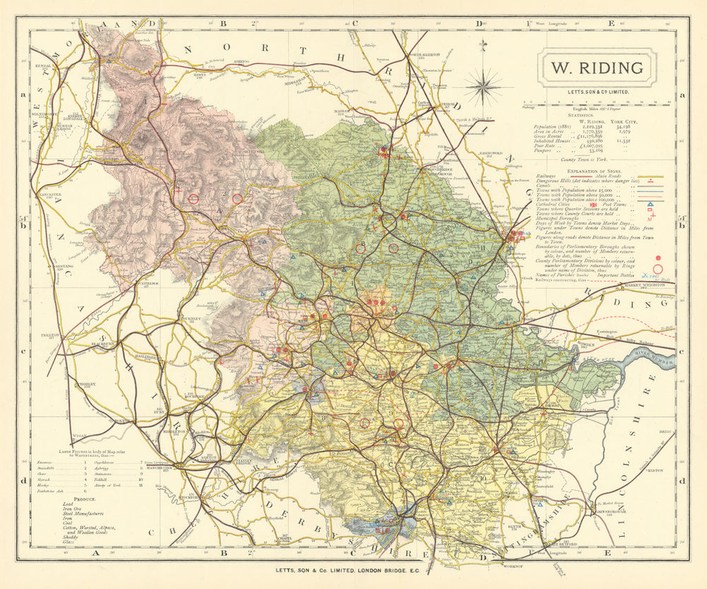 Yorkshire, West Riding county map showing Post Towns & Market Days. LETTS 1884