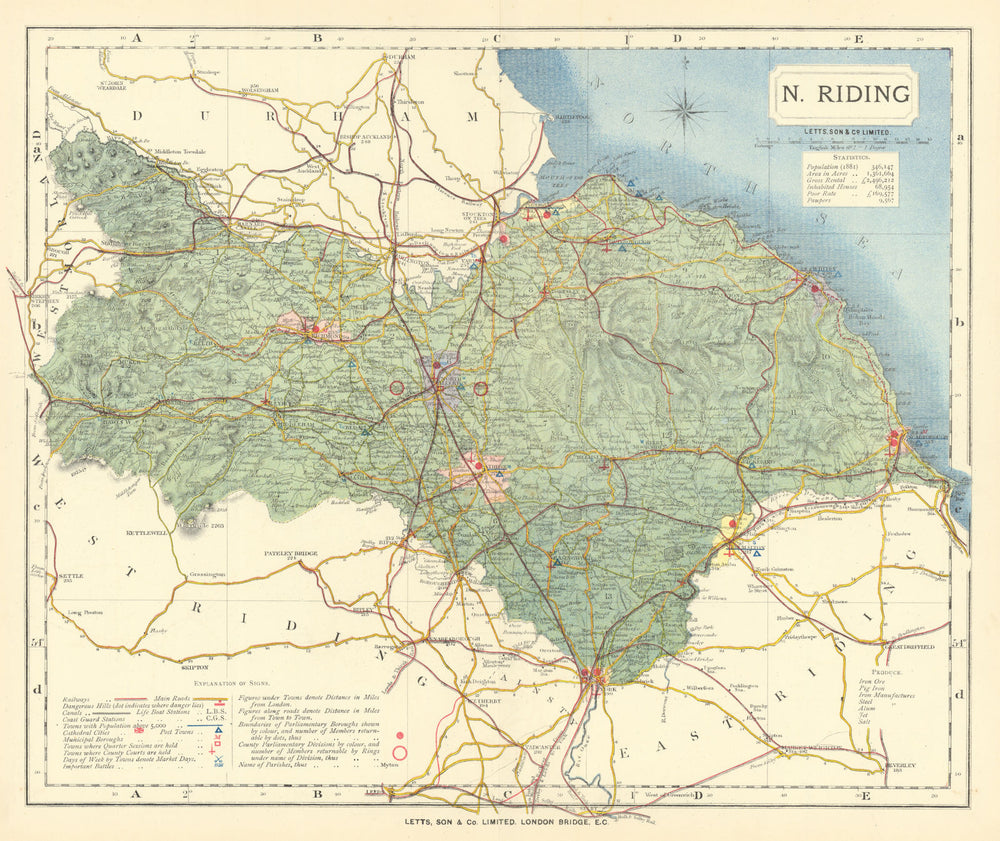 Yorkshire, North Riding county map showing Post Towns & Market Days. LETTS 1884