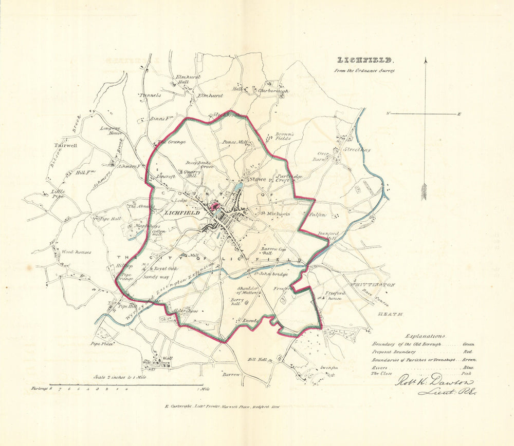 LICHFIELD borough/town plan. REFORM ACT. Wall Streethay. DAWSON 1832 old map