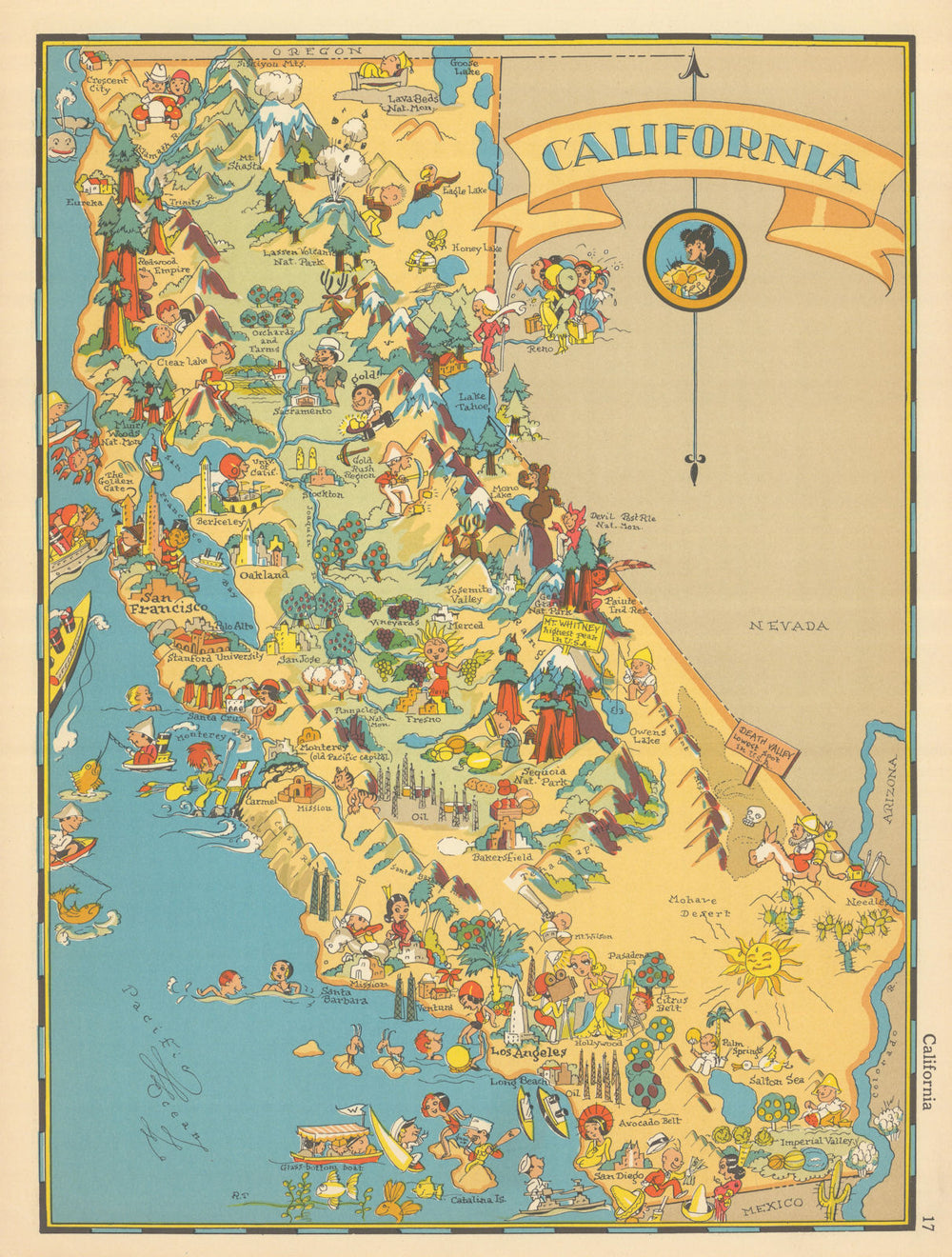 California. Pictorial state map by Ruth Taylor White 1935 old vintage