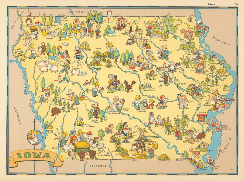Iowa. Pictorial state map by Ruth Taylor White 1935 old vintage plan chart