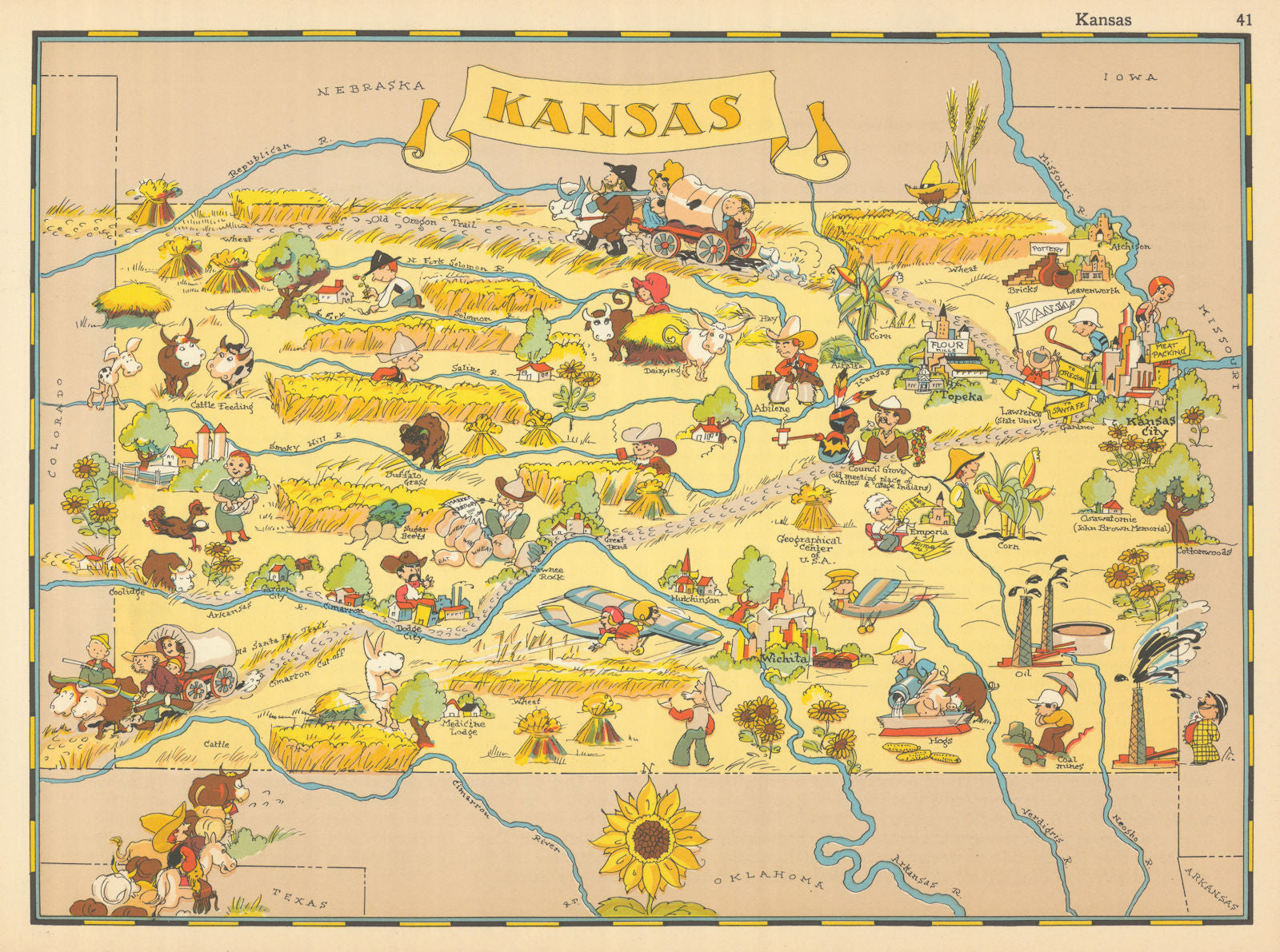 Kansas. Pictorial state map by Ruth Taylor White 1935 old vintage chart ...