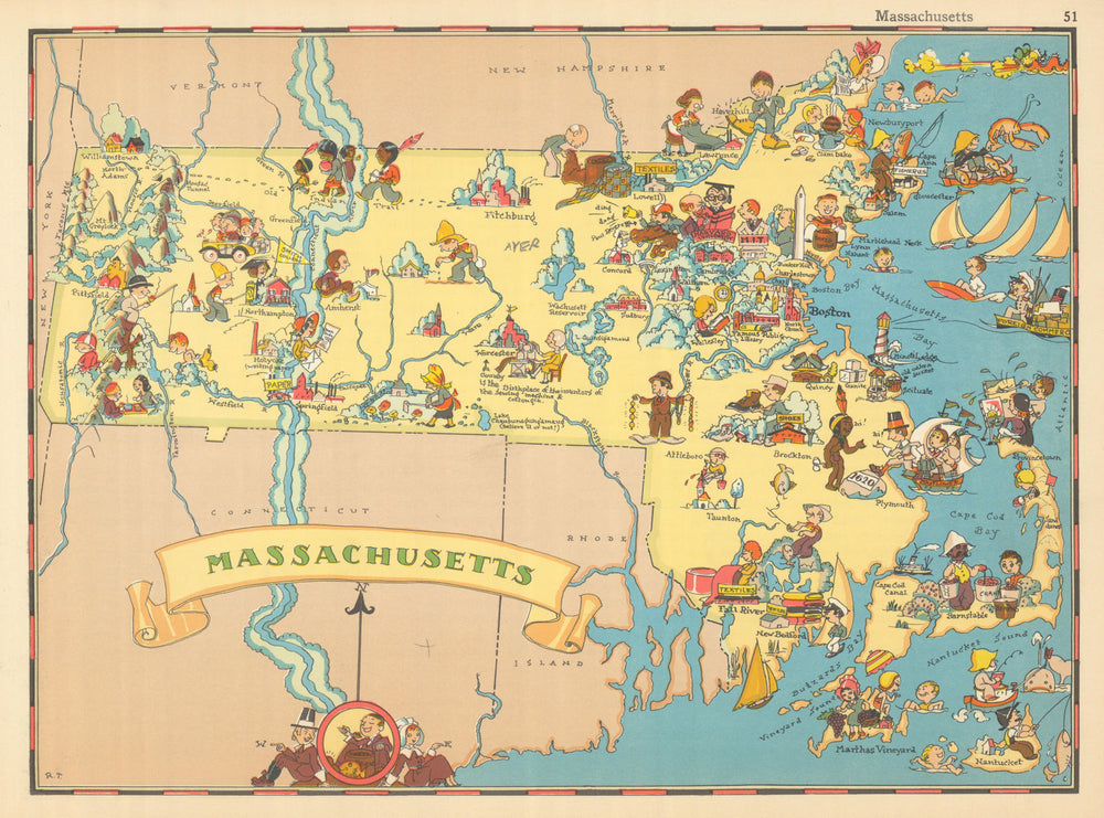 Massachusetts. Pictorial state map by Ruth Taylor White 1935 old vintage