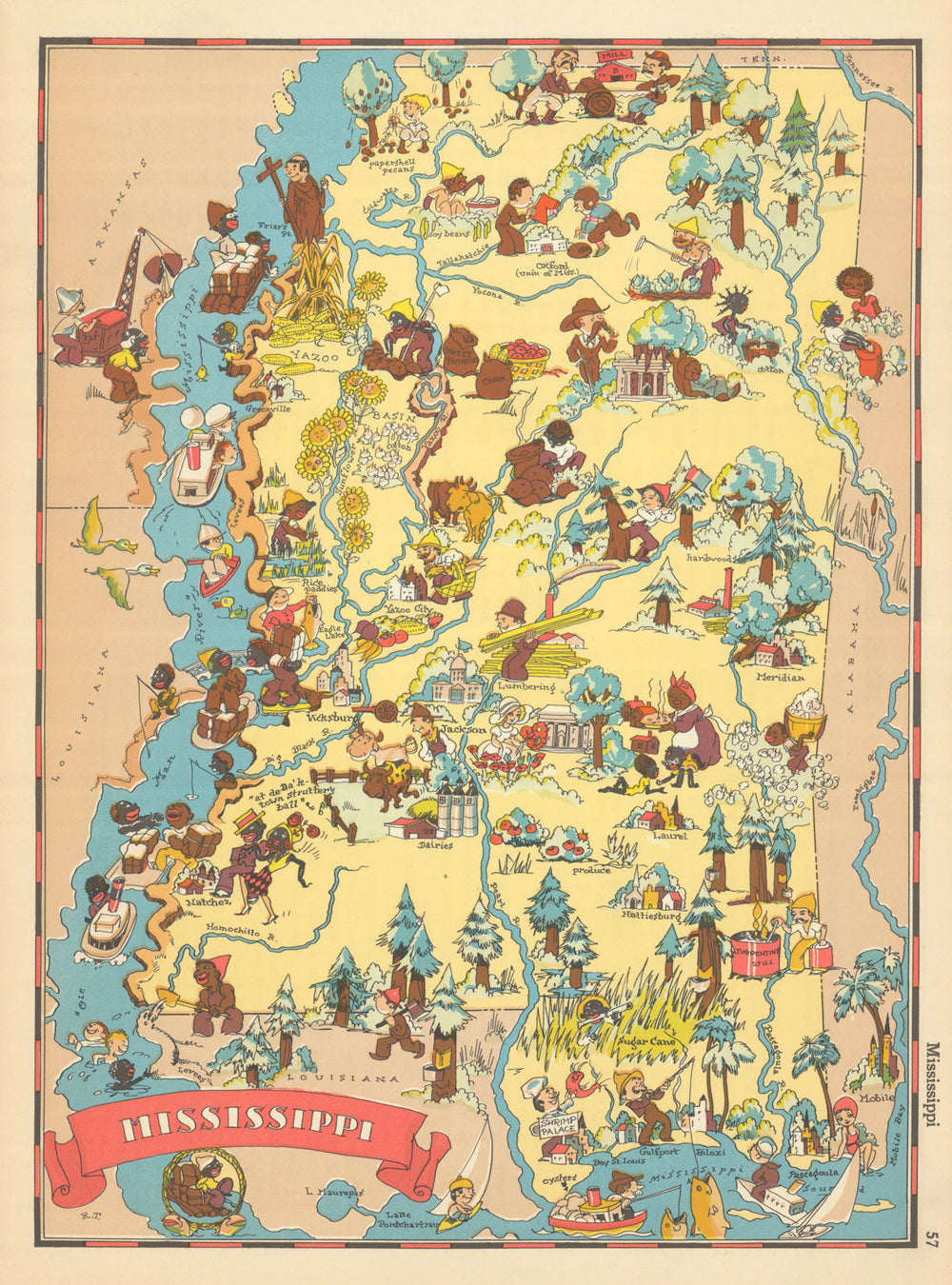 Mississippi. Pictorial state map by Ruth Taylor White 1935 old vintage