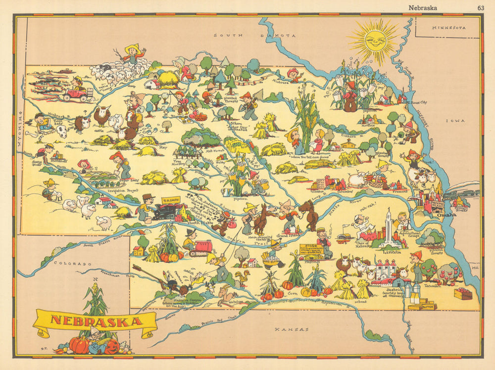 Nebraska. Pictorial state map by Ruth Taylor White 1935 old vintage chart
