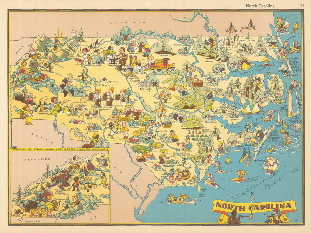 North Carolina. Pictorial state map by Ruth Taylor White 1935 old vintage