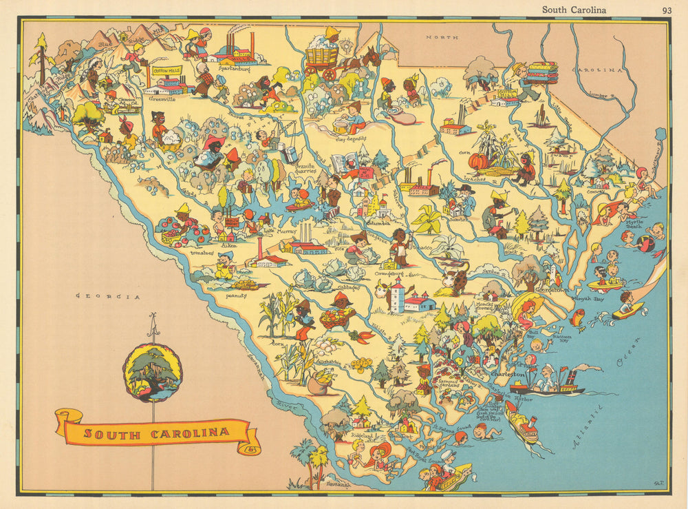 South Carolina. Pictorial state map by Ruth Taylor White 1935 old vintage