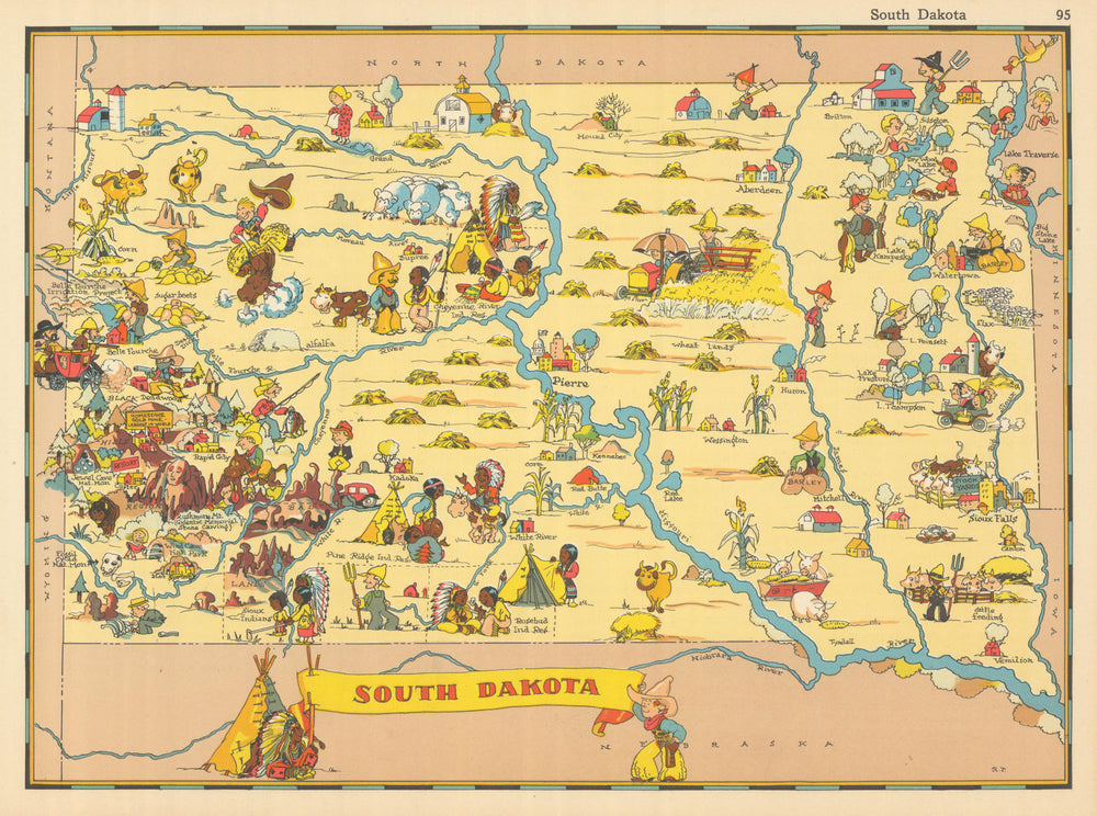 South Dakota. Pictorial state map by Ruth Taylor White 1935 old vintage