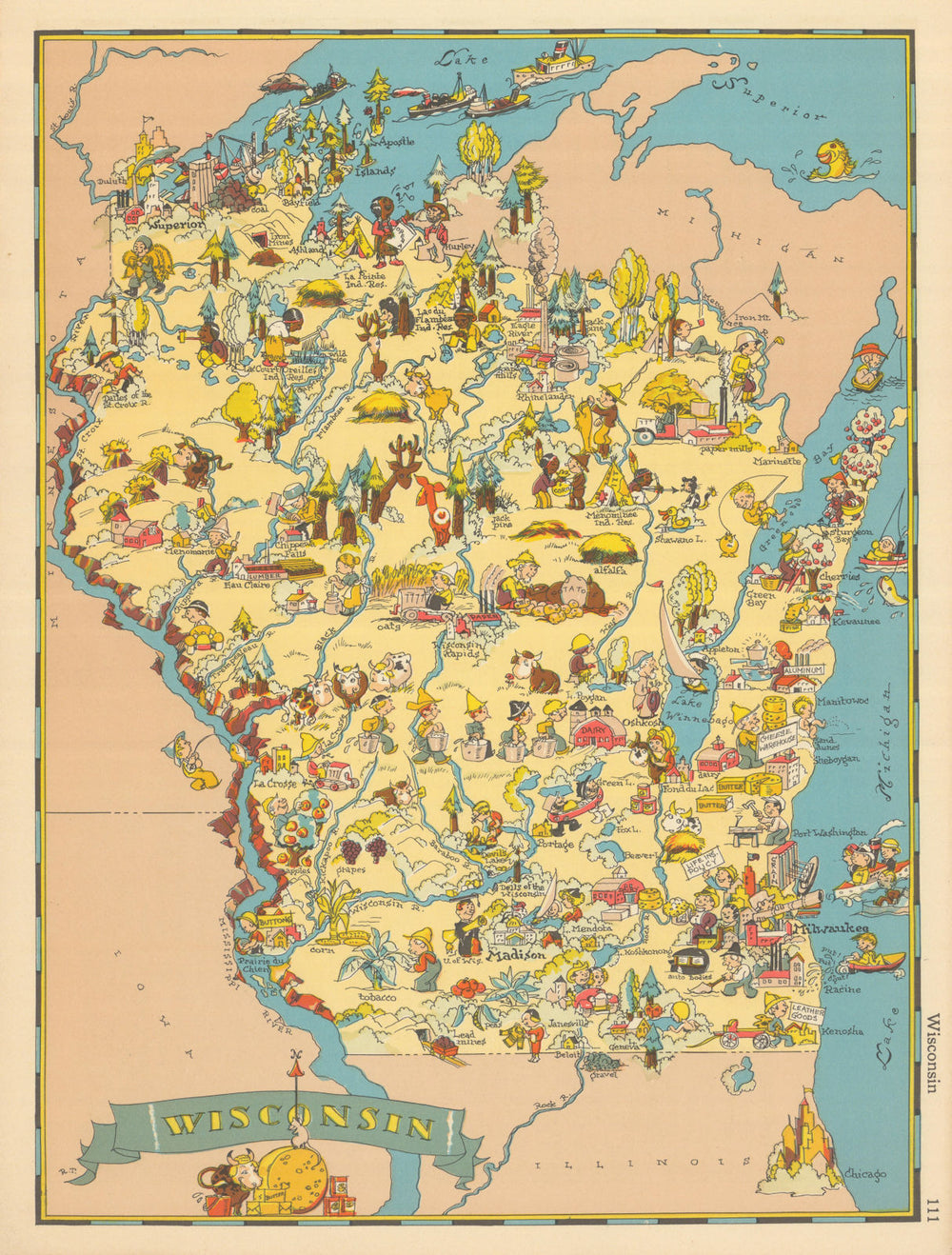 Wisconsin. Pictorial state map by Ruth Taylor White 1935 old vintage chart