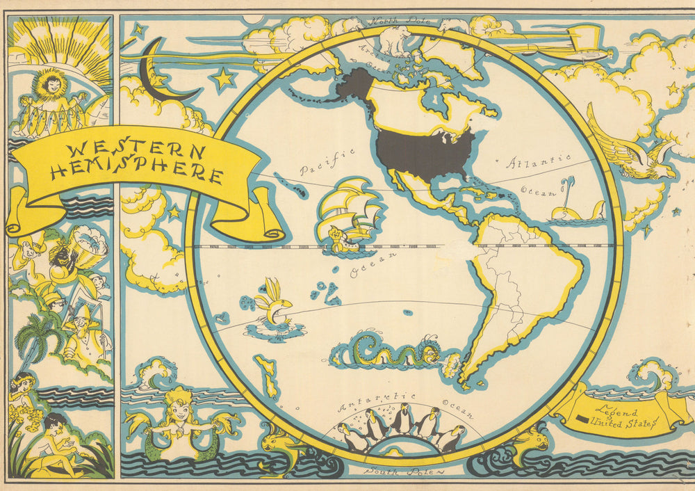 Western Hemisphere. Pictorial map by Ruth Taylor White 1935 old vintage
