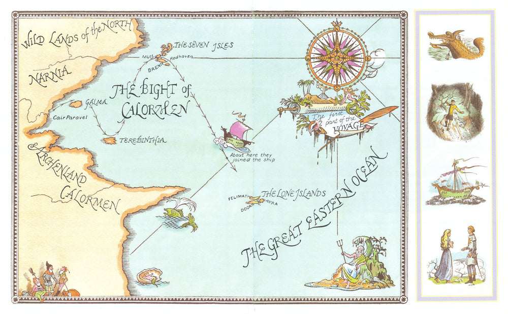 First part of the voyage of the Dawn Treader by Pauline Baynes. Narnia 1998 map