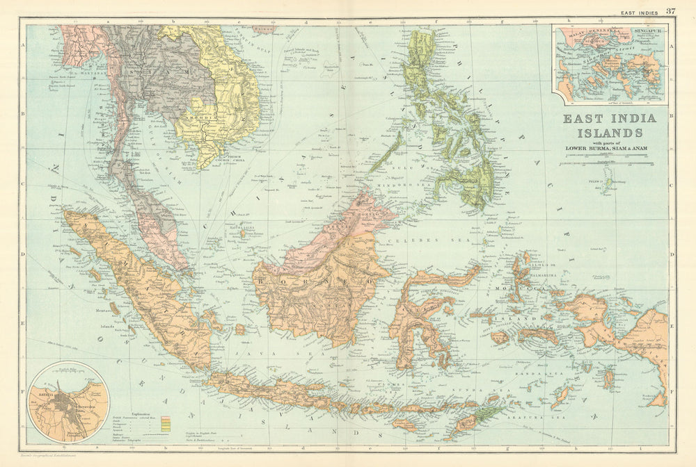 EAST INDIES. Dutch Indonesia Philippines Malaya Siam. Inset Singapore 1894 map