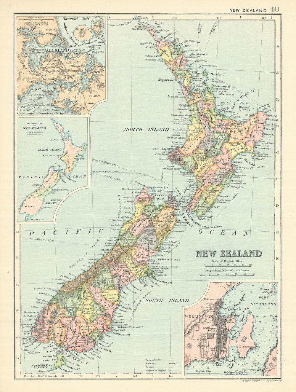 NEW ZEALAND. counties. Wellington Auckland; NZ Provinces. BACON 1894 old map