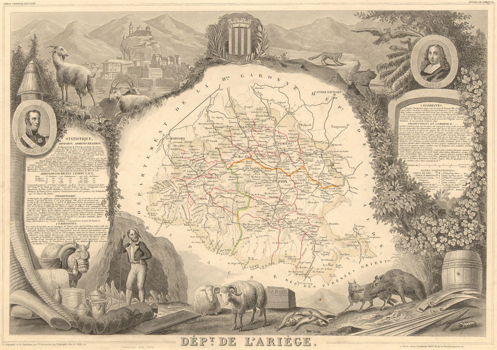 Département de l'ARIÈGE. Decorative antique map/carte by Victor LEVASSEUR 1852