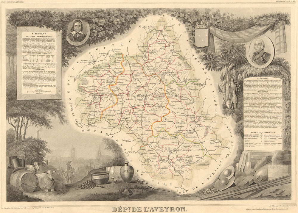 Département de l'AVEYRON. Decorative antique map/carte by Victor LEVASSEUR 1852