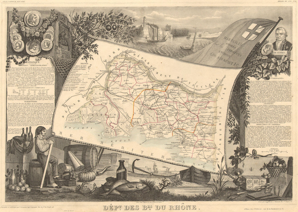 Département des BOUCHES-DU-RHÔNE. Decorative antique map/carte. LEVASSEUR 1852