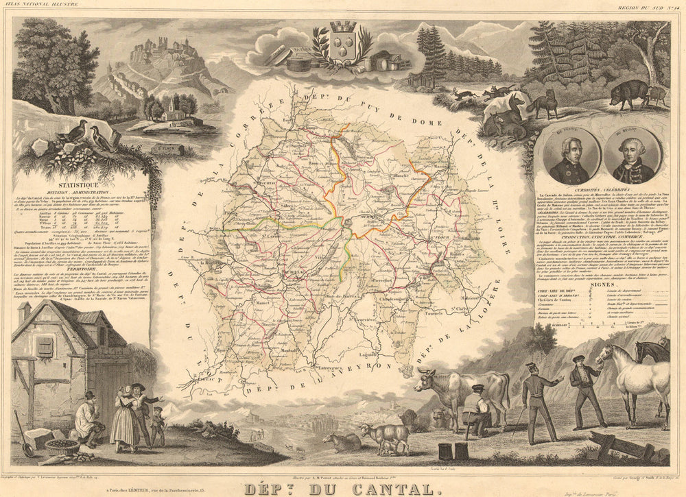 Département du CANTAL. Decorative antique map/carte by Victor LEVASSEUR 1852