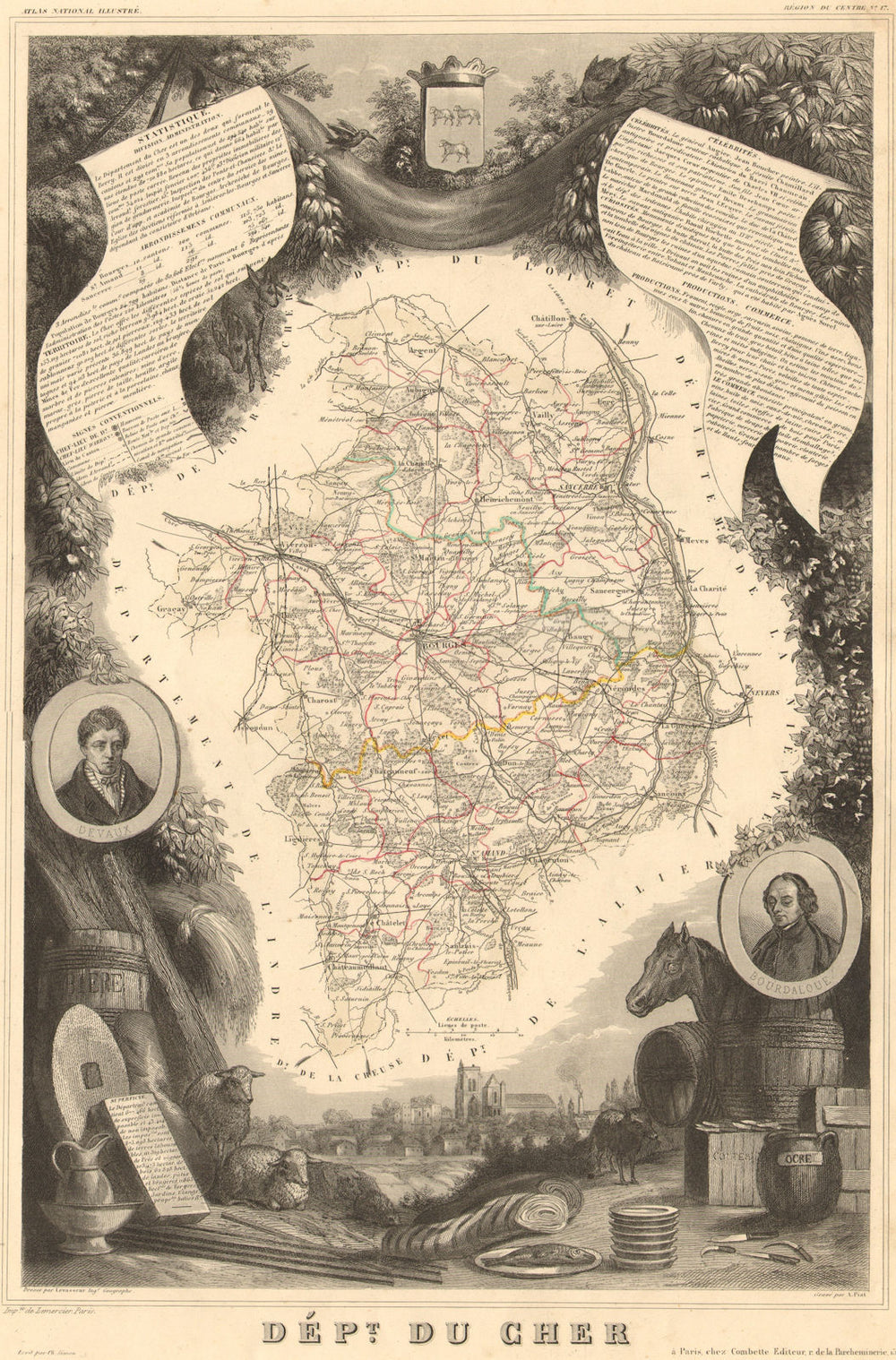 Département du CHER. Decorative antique map/carte by Victor LEVASSEUR 1852