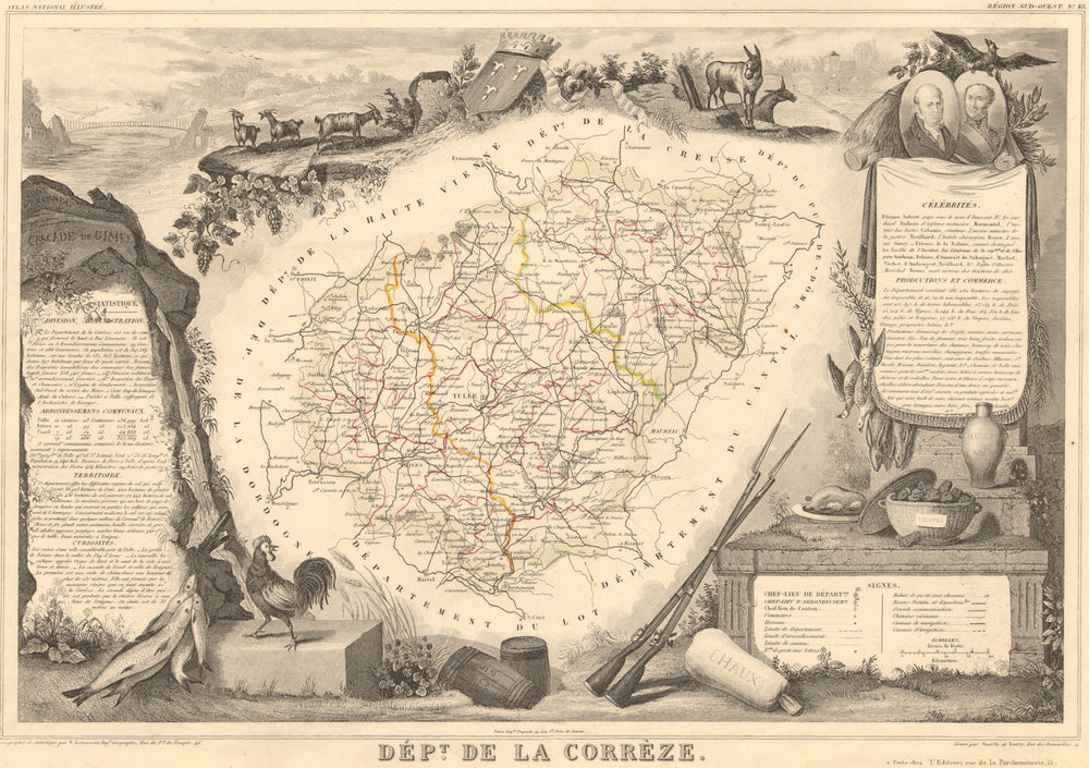 Département de la CORRÈZE. Decorative antique map/carte. Victor LEVASSEUR 1852