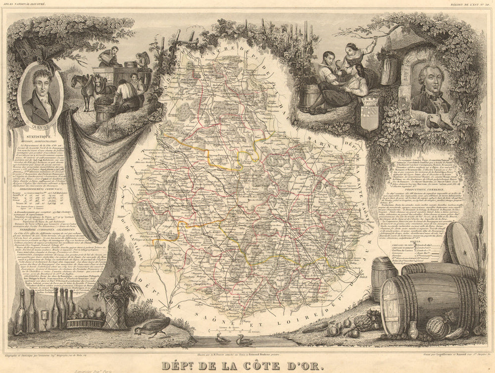 Département de la CÔTE-D'OR. Decorative antique map/carte. LEVASSEUR 1852