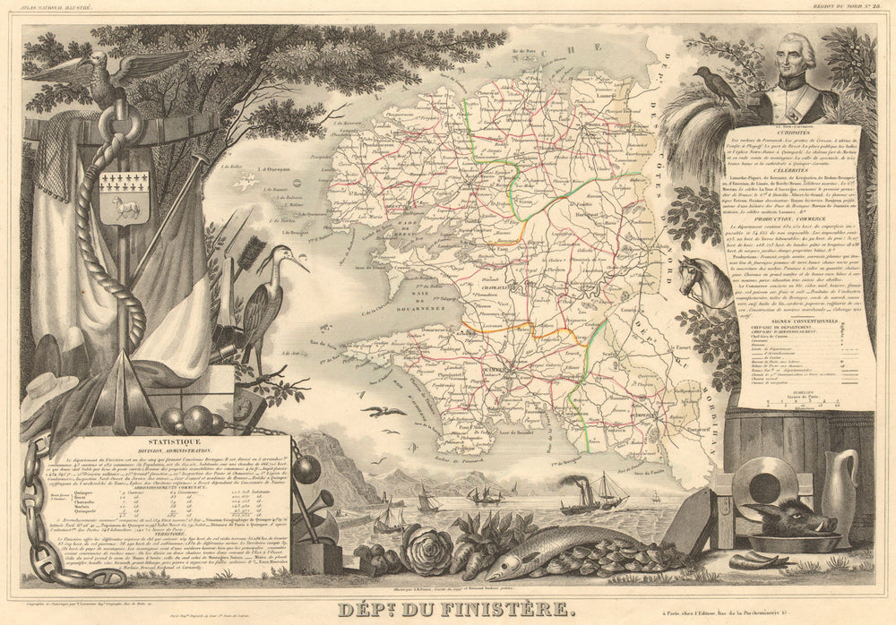 Département du FINISTÈRE. Decorative antique map/carte by Victor LEVASSEUR 1852