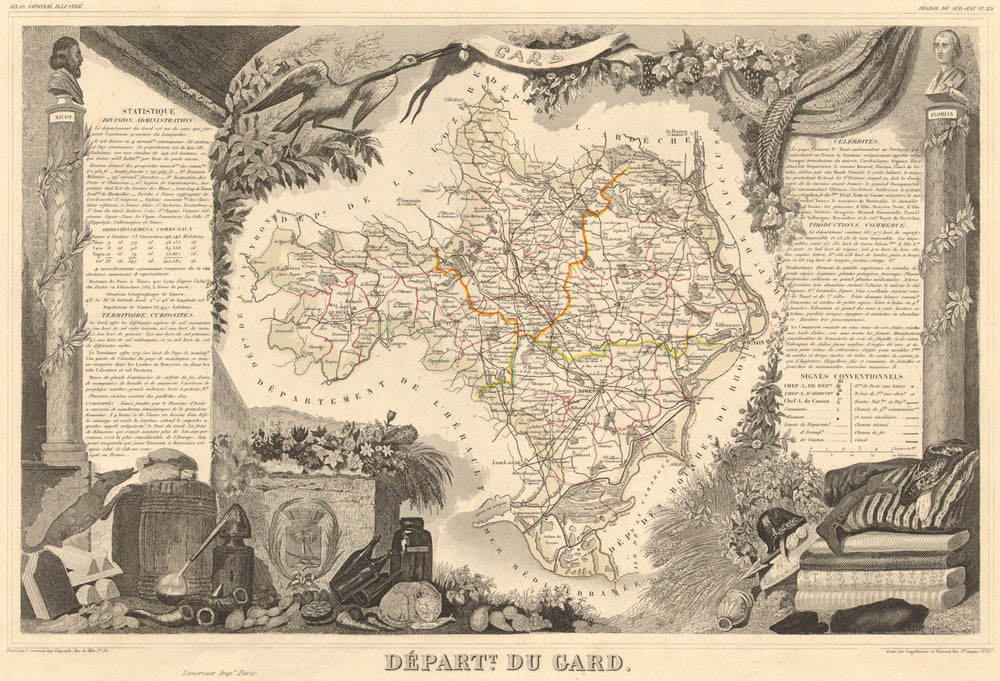Département du GARD. Decorative antique map/carte by Victor LEVASSEUR 1852