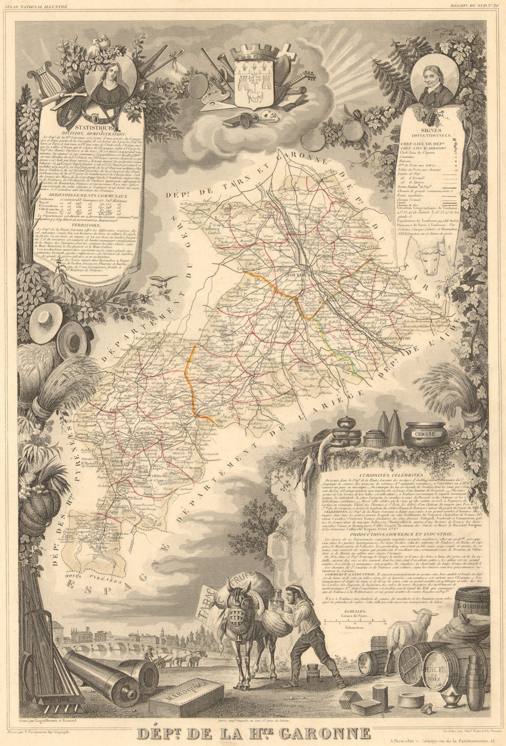 Département de la HAUTE-GARONNE. Decorative antique map/carte. LEVASSEUR 1852