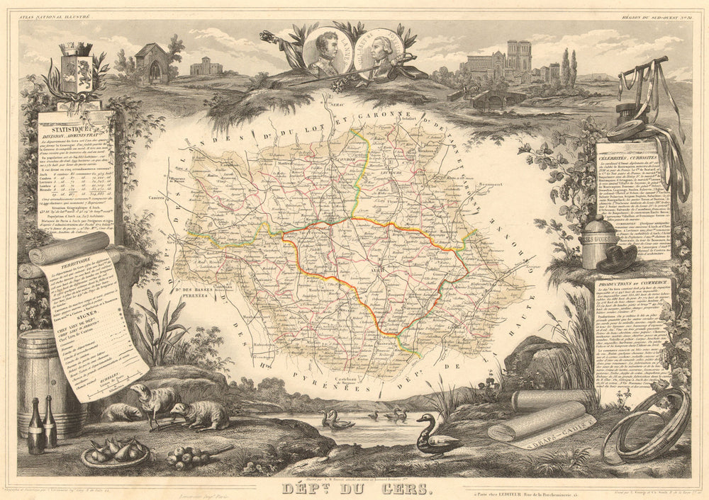Département du GERS. Decorative antique map/carte by Victor LEVASSEUR 1852