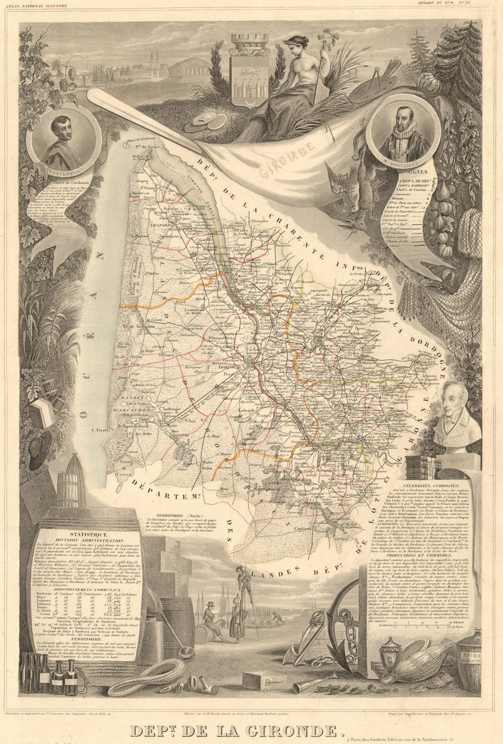 Département de la GIRONDE. Decorative antique map/carte. Victor LEVASSEUR 1852