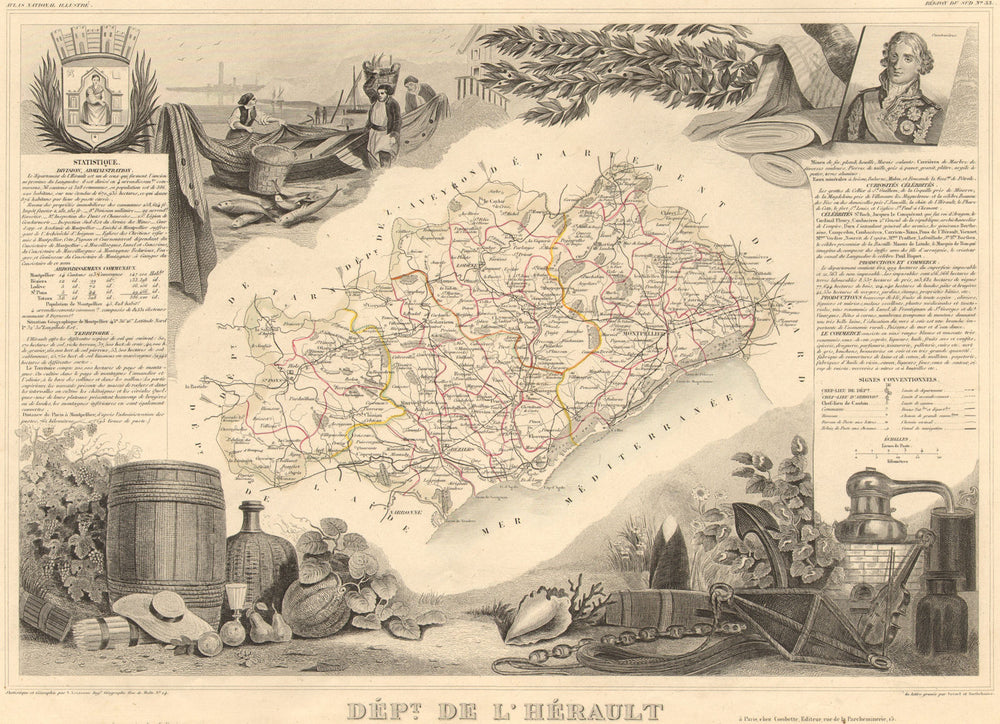 Département de l'HÉRAULT. Decorative antique map/carte by Victor LEVASSEUR 1852