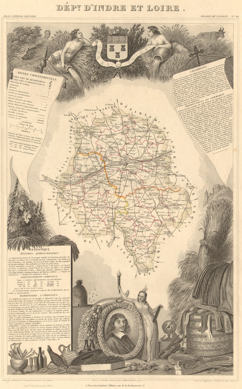 Département d'INDRE-ET-LOIRE. Decorative antique map/carte. LEVASSEUR 1852