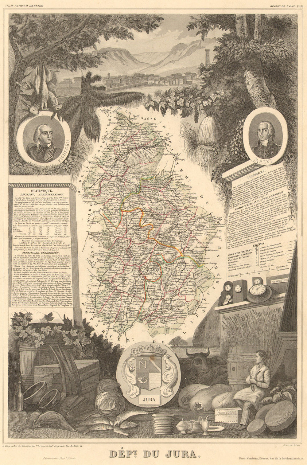 Département du JURA. Decorative antique map/carte by Victor LEVASSEUR 1852