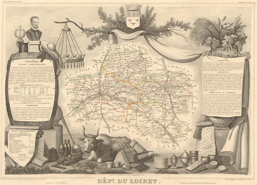 Département du LOIRET. Decorative antique map/carte by Victor LEVASSEUR 1852