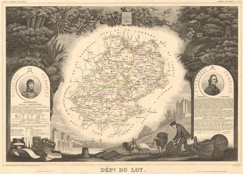 Département du LOT. Decorative antique map/carte by Victor LEVASSEUR 1852