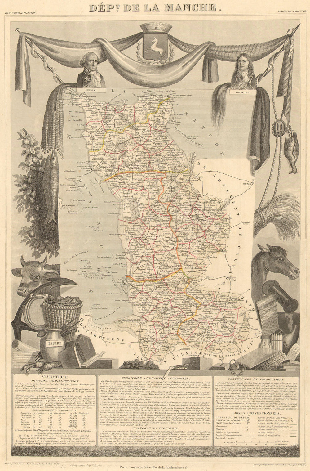 Département de la MANCHE. Decorative antique map/carte by Victor LEVASSEUR 1852
