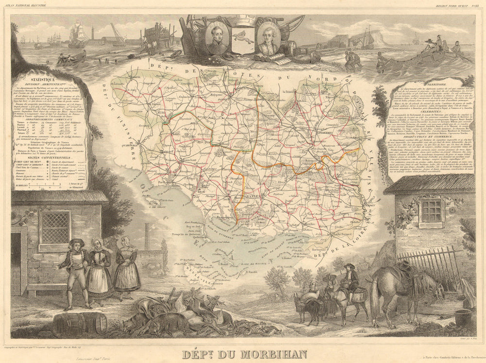 Département du MORBIHAN. Decorative antique map/carte by Victor LEVASSEUR 1852