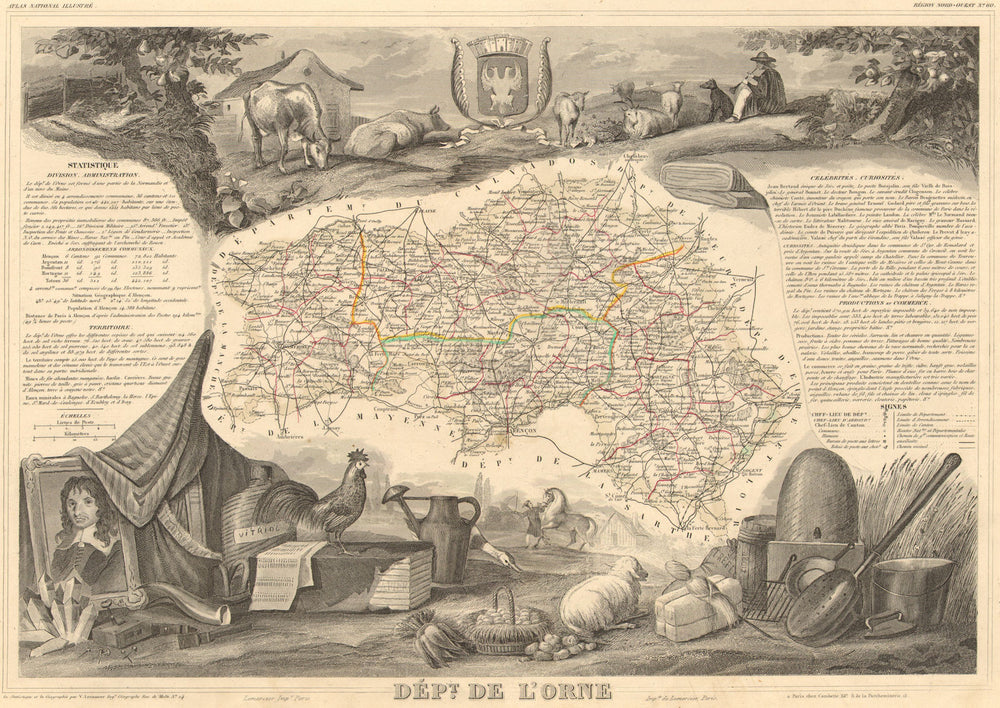 Département de l'ORNE. Decorative antique map/carte by Victor LEVASSEUR 1852