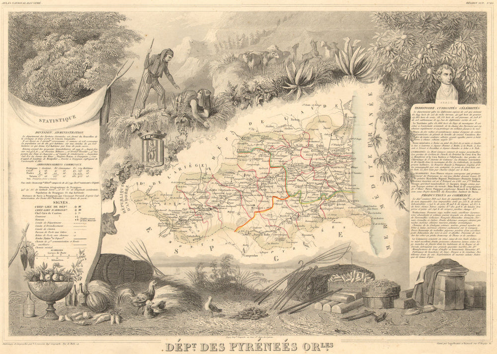 Département des PYRÉNÉES-ORIENTALES. Antique map/carte. LEVASSEUR 1852 old