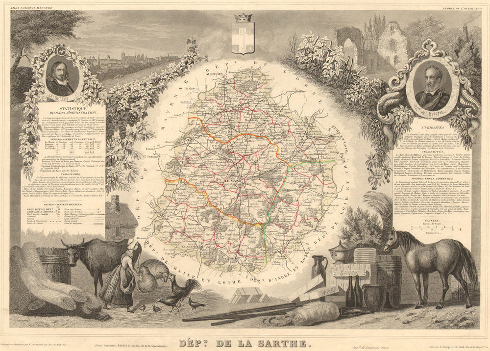 Département de la SARTHE. Decorative antique map/carte by Victor LEVASSEUR 1852