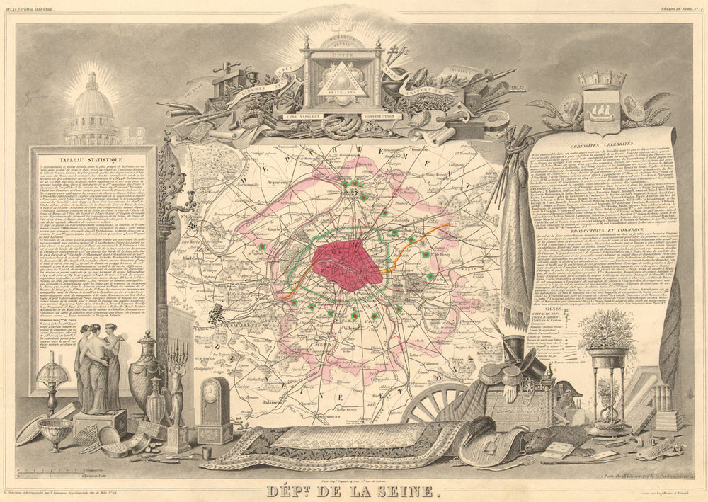 Département de la SEINE. Decorative antique map/carte by Victor LEVASSEUR 1852